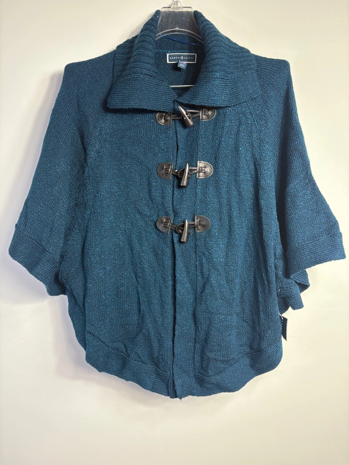 Karen Scott Women's Sz SM Poncho Shawl Buttton Blue Cardigan Sweater