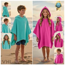 Kids Hooded Poncho Towel Plain Beach Changing Robe Quick Dry Swim Bath Cover Up