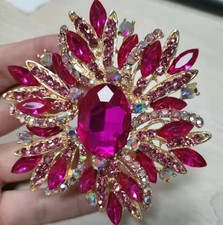 Fashion Pink Flower Gold-plated Large Brooch Pin Rhinestone Crystal Accessories