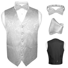 Men's Dress VEST Bow Tie SILVER GRAY Grey PAISLEY for Suit Tux BowTie Hanky Set