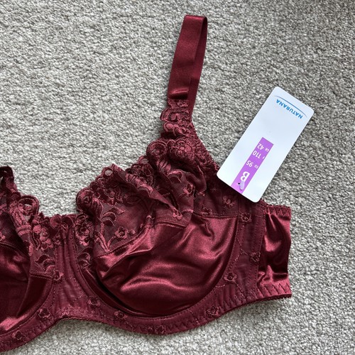 JOBLOT 12 Naturana Womens Satin & Lace Underwired Bra Floral Burgundy Red 42B D - Picture 7 of 13