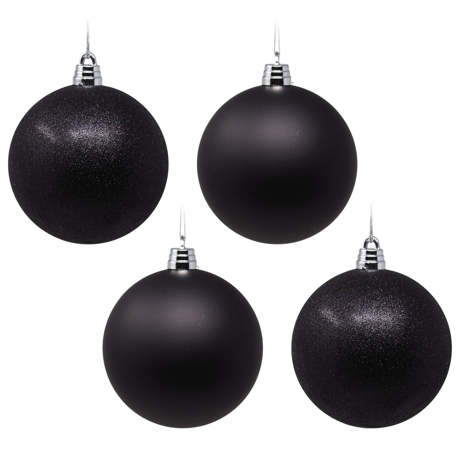Large 15cm Christmas Tree Baubles Black - Matte & Glitter - Set of 4