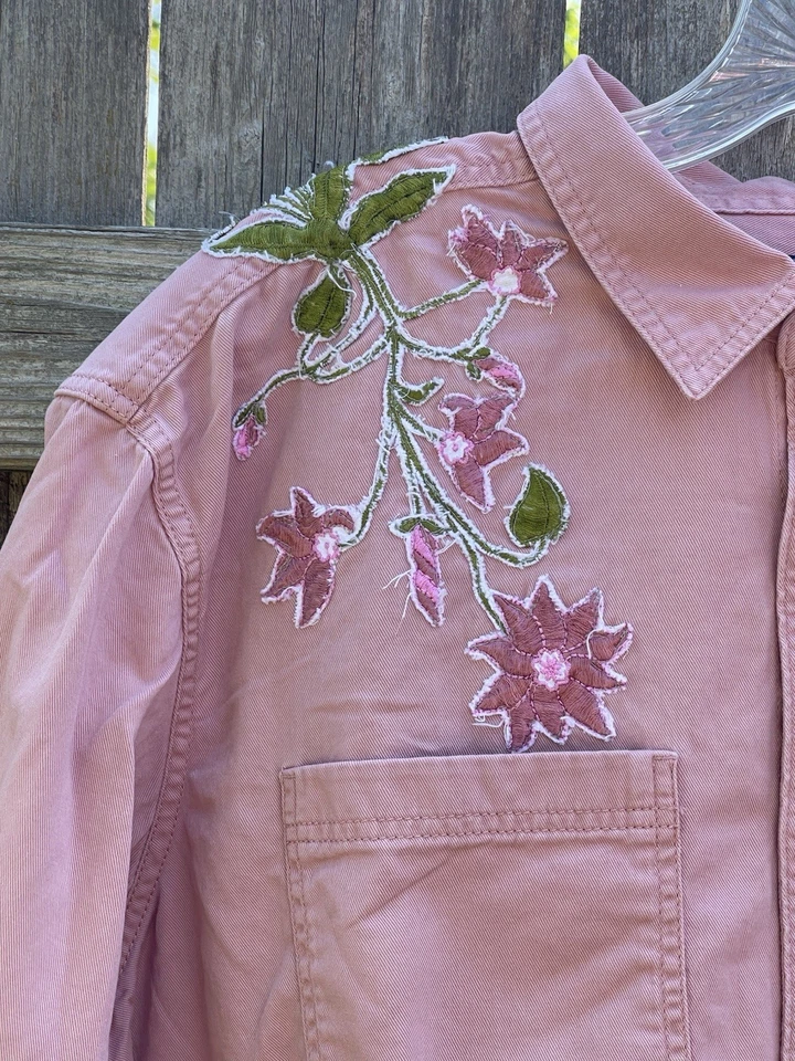 Upcycle Denim Shirt/Jacket  XXL Rose Accents Machine Sewn Long Sleeves OOAK - Image 4 of 4
