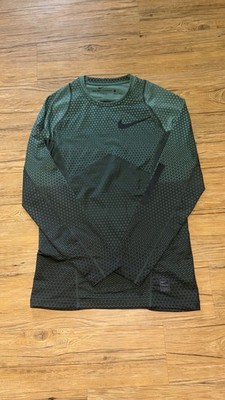 Nike Pro Hyperwarm Fitted Long Sleeve Shirt Green Black S Lightweight Stretch