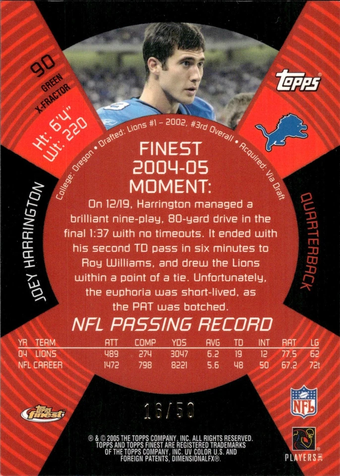 2005 Finest Green Xfractors #90 Joey Harrington /50 - Image 2 of 2