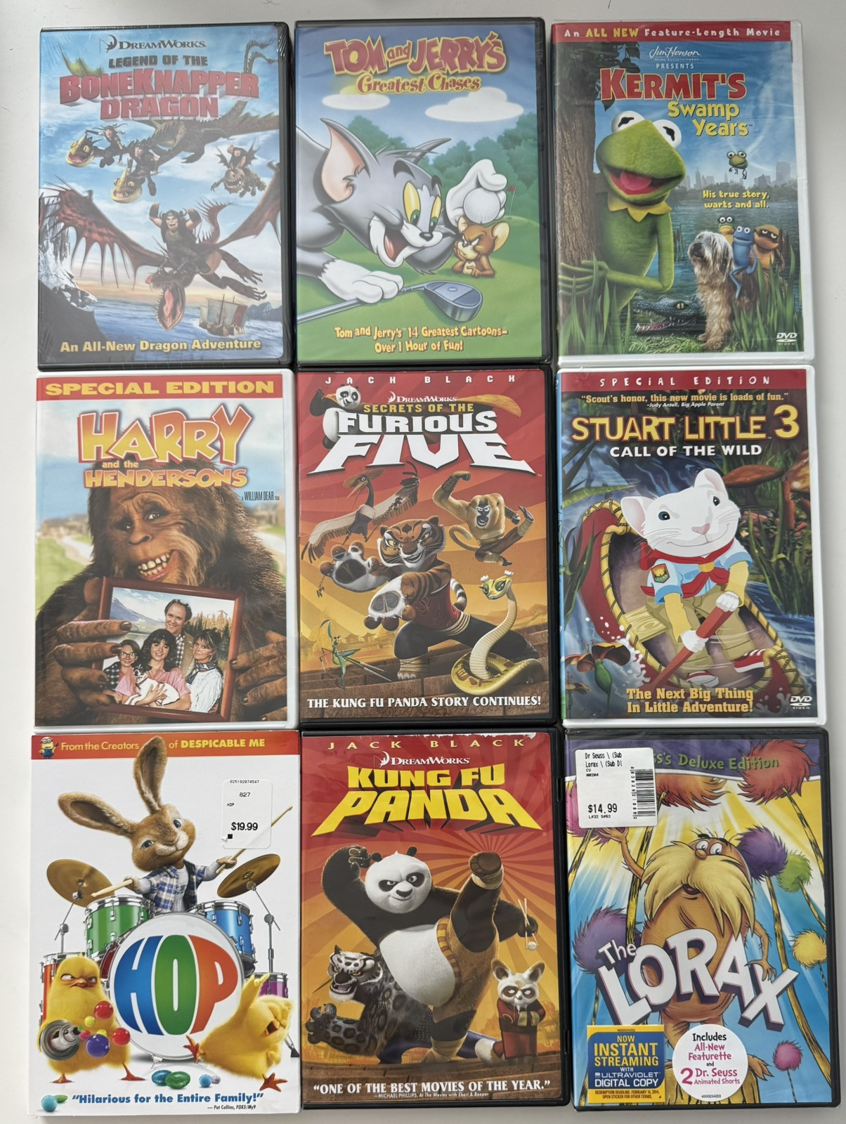 Kids 9 DVD Lot  HOP, The Lorax, Kermit’s Swamp Years, Tom & Jerry, Stuart Little