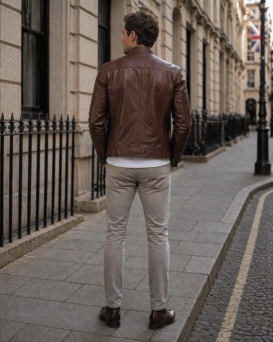 Men's Classic Brown Leather Jacket – Slim Fit Café Racer Style | eBay