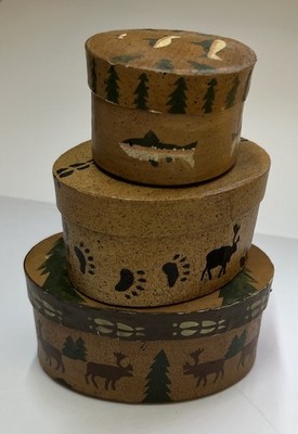 Vintage Rustic Nesting Trinket Boxes Moose Fish Woodland Cabin Lodge Decor Set 3