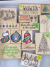 Christmas Wood Rubber Stamps Greetings Holiday Reindeer Hero Arts 15 pc Lot