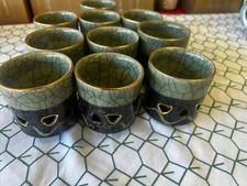 Japanese Crackle Glaze Tea Cups Set with Geometric Design, Lot of 10