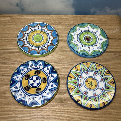 #ad Boho Ceramic Coaster Set of 4 Colorful 4quot; Round Glazed Sun Hand Painted Coasters $14.99