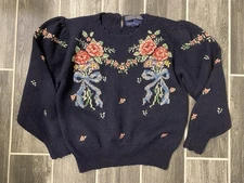 Herman Geist Cardigan Sweater Floral Hand Embroidered Wool VTG Victorian