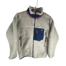 Patagonia Jacket Kids 12 White Blue Fleece Sherpa Full Zip Pockets Winter