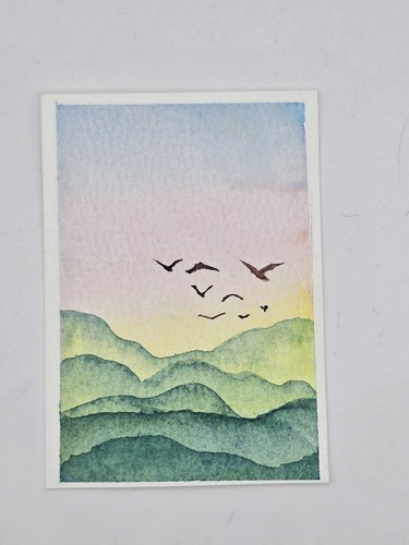 ACEO Original by Art_Observer Landscape Sky Blue Mountains Summer Birds OoAK 