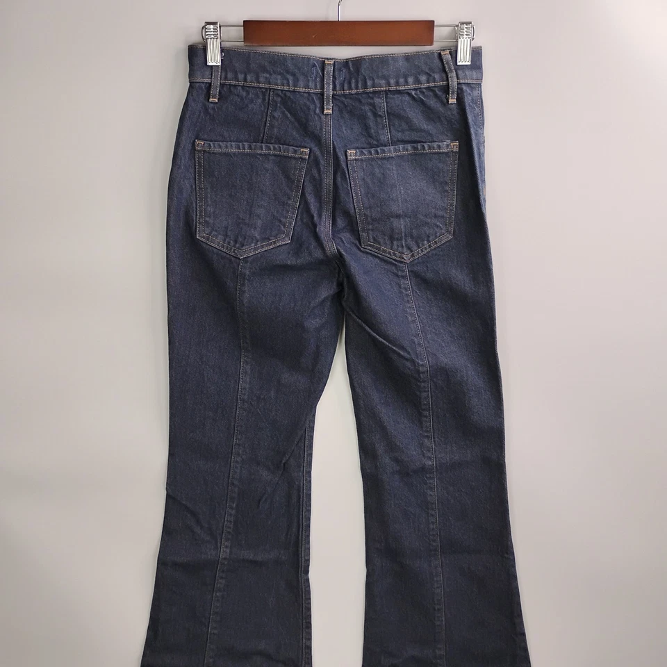 Express Jeans Womens 2 Blue Flared Leg Mid Rise Dark Wash Denim Stitching Detail - Image 4 of 4