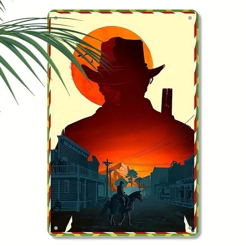 Vintage RDR 2 Western Sunset Cowboy Tin Metal Signs Home Décor 8x12