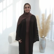 Dubai Women Long Dress Abaya Knit Hollow Out Muslim Open Cardigan Maxi Robe Gown
