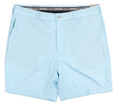PGA TOUR Men Flat Front Checkered Golf Shorts 34 Cyan Blue PVBSE079DS