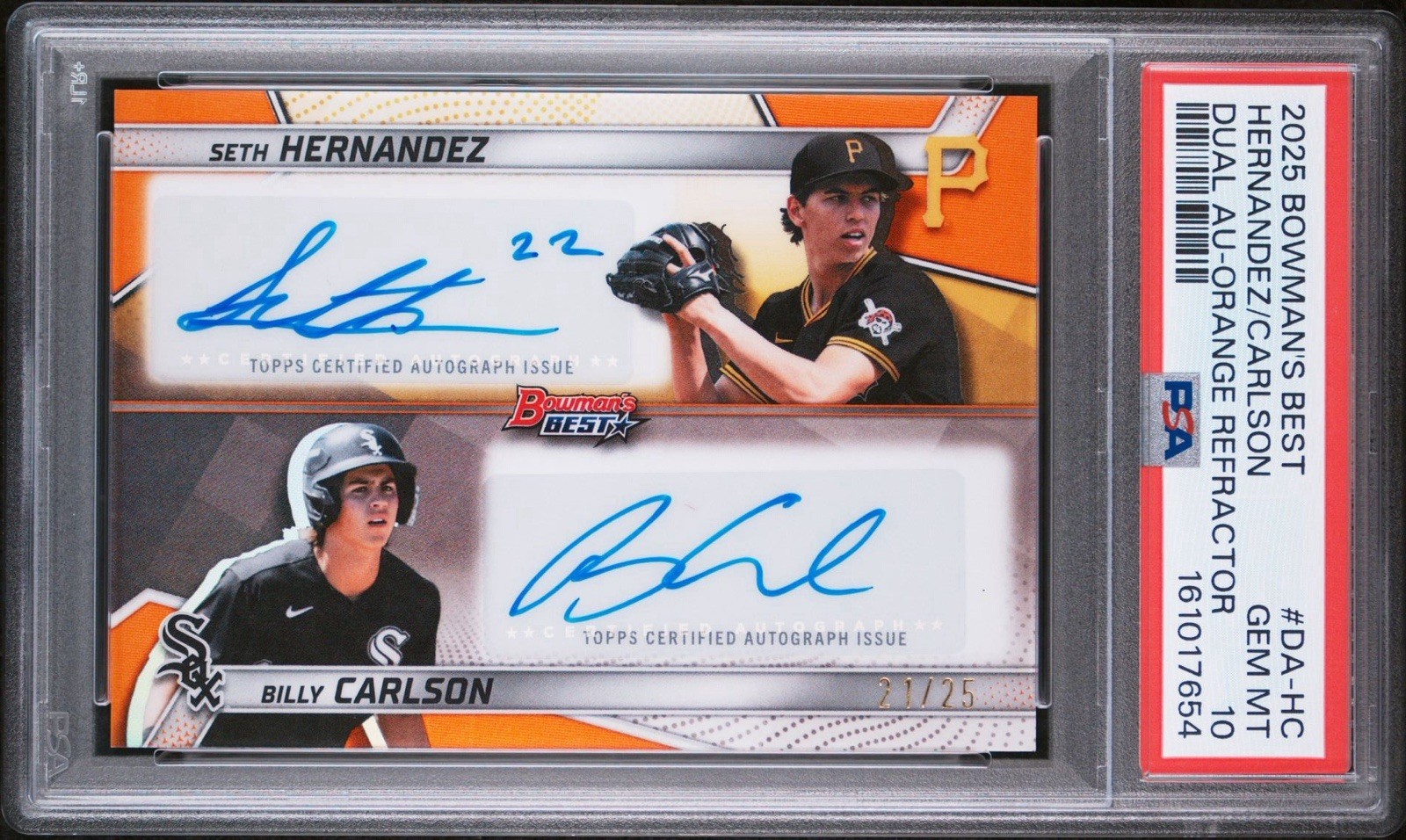 2025 BOWMAN BEST Seth Hernandez/carlson /25 DUAL AUTO ORANGE REF POP 1 PSA 10