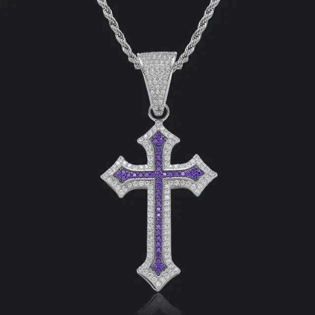 2.30Ct Round Cut Lab Created Amethyst Cross Men's Pendant 14K White Gold Plated - Image 3 of 4