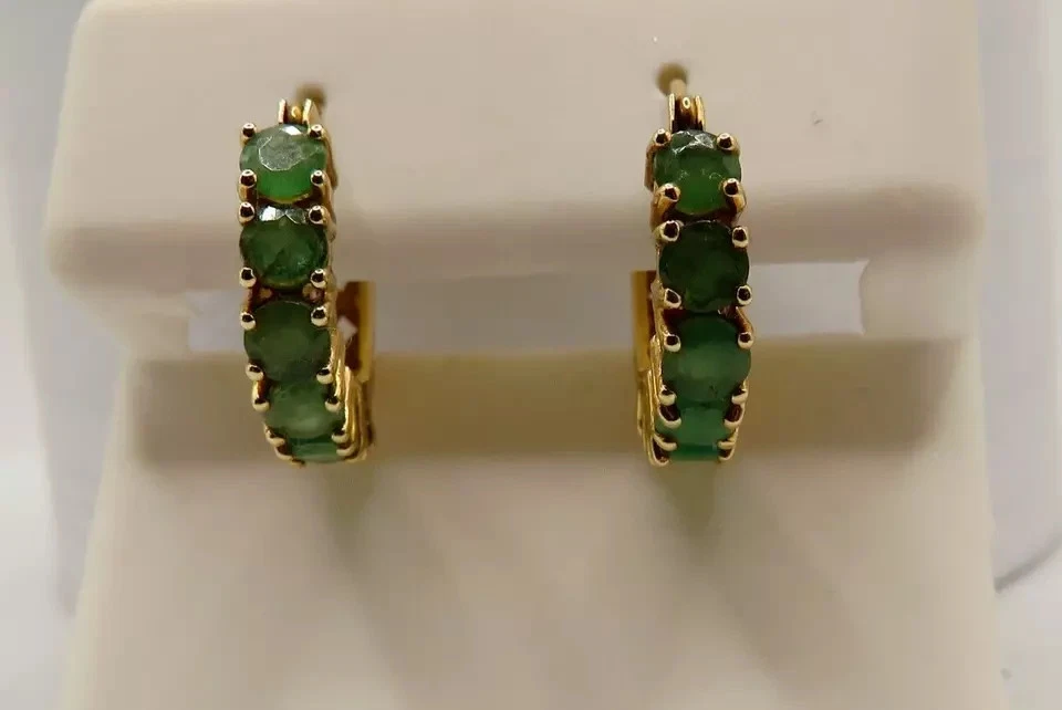 Estate Jewelry 1.0Ct Lab Created Emerald Hoop Earrings 14k Yellow Gold Plated - Image 4 of 4