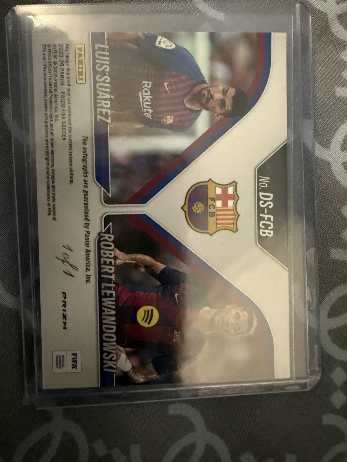 2025-26 Panini Prizm FIFA Soccer Luis Suarez/Robert Lewandowski 1/1 Dual Auto view 7