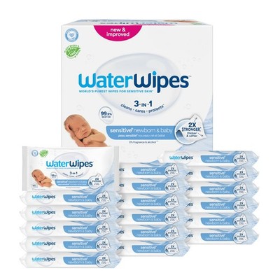 WaterWipes Sensitive+ Baby Wipes, 99.9% Water, Newborn, 3-in-1 Clean, Care, Prot