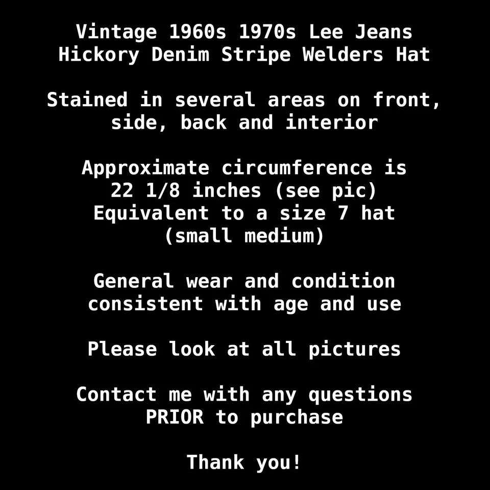 Lee Jeans Welders Hat Hickory Denim Stripe Vintage 60s 70s Union Made USA Size 7 - Image 2 of 4