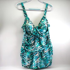 Penbrooke Swimsuit Bathing Suit Tummy Control One Piece Sz 24W Geometric Blue