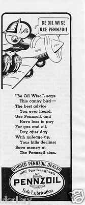 #ad 1937 small Print Ad of Pennzoil Owl On Airplane be oil wise $7.49
