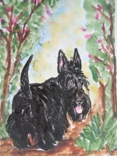 GOING FOR A WALK BLACK SCOTTISH TERRIER DOG  Watercolor Painting
