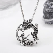 Alice In Wonderland Cheshire Cat Jewelry Vintage Silver Pendant Necklace