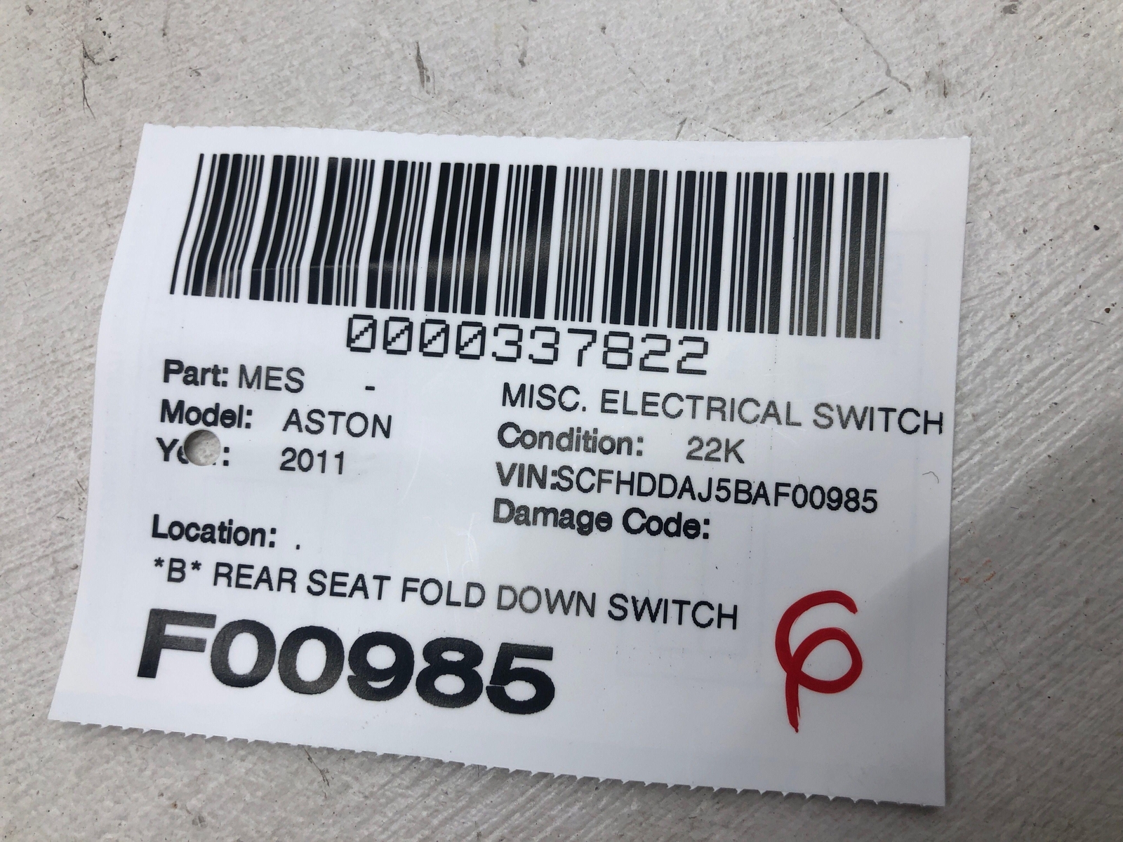 2011-2020 ASTON MARTIN RAPIDE REAR SEAT FOLD DOWN SWITCH AD43-14B696-AA OEM (B)