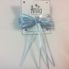 Girls Satin Chiffon Sparkle Sequins  Beads Streamers Blue Bow Easter 3203