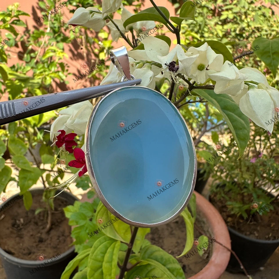 Colgante de plata 925 pulido liso calcedonia azul 123,30 quilates certificado natural Foto 2 de 4