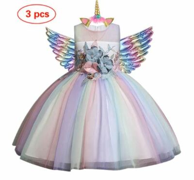 NEW CUTE Kids Girls Unicorn Princess Rainbow Dress 3pcs | eBay