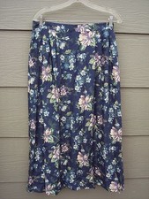 Womens Long Aline Skirt Sz L 31W - 33W Blue Floral Pleated Front Elastic Waist