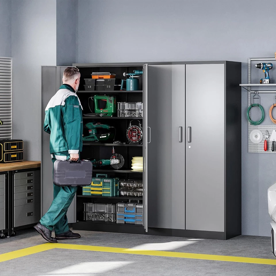Gabinete de almacenamiento de garaje de metal de 72"" de alto con 2 puertas 5 estantes ajustables Foto 2 de 4