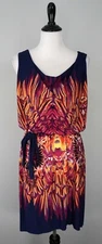 FENN WRIGHT MANSON Blue Orange Belted Elastic Waist Shift Swing Dress Size 10