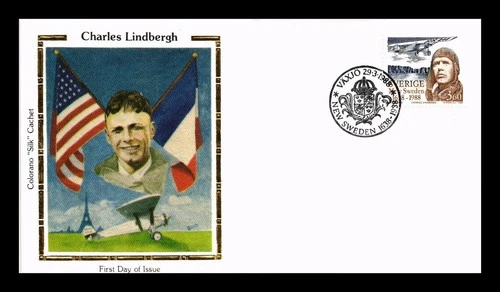 COVER CHARLES LINDBERGH FLIGHT NEW SWEDEN FDC COLORANO SILK CACHET