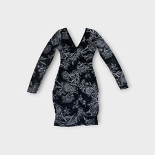 GUESS Black White Floral Mesh Ruched Bodycon Dress Long Sleeve Size 2