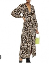 Ganni Tan Black Tiger Print Wrap Midi Dress Size 40 12 14 VGC Long Sleeve