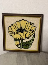 Needlepoint Yellow Flower Complete Framed 10.5" x 10.5" ready to hang Good