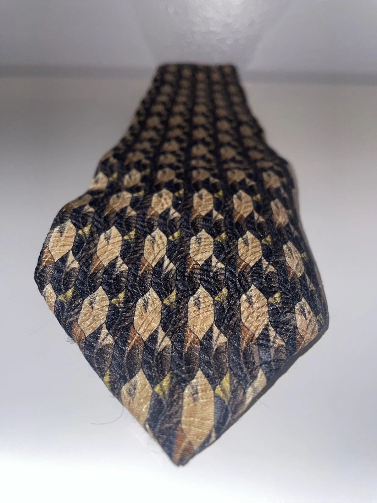 Villa Bolgheri Mens Silk Necktie Gray Gold Yellow Leaf Geometric Print Tie Italy - product detail image 2