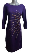 Calvin Klein Retro Sheath Dress Womens Size 6 Purple 3/4 Sleeves Gold Studs
