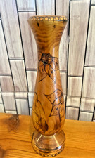 Hand Carved Wood Vase 11 in Sunflowers Foliage folk art decorative edges boho