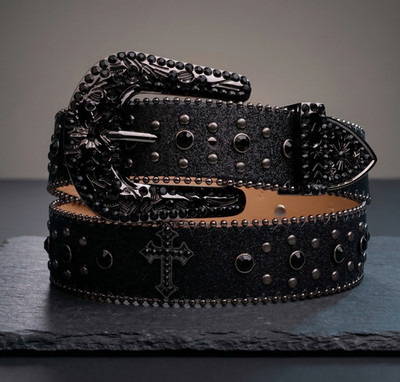 BB Simon / Chrome Style Y2K Punk Black Gürtel mit Zirkonen und einer detaillierten Schnalle