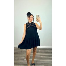 Free People Jolie Mini Dress in Black Small Sleeveless Raw Edge Hem Lace Neck
