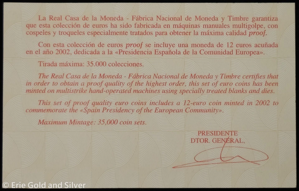 2002 Spain 8pc Proof Set + 12 Euro Commemorative Silver Coin w/ Box & COA - Image 4 of 4