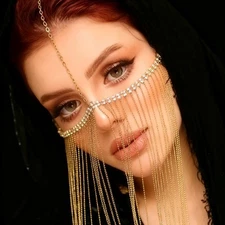 Women Masquerade Mask Rhinestone Tassel Veil Fashion Crystal Face Chain 29019